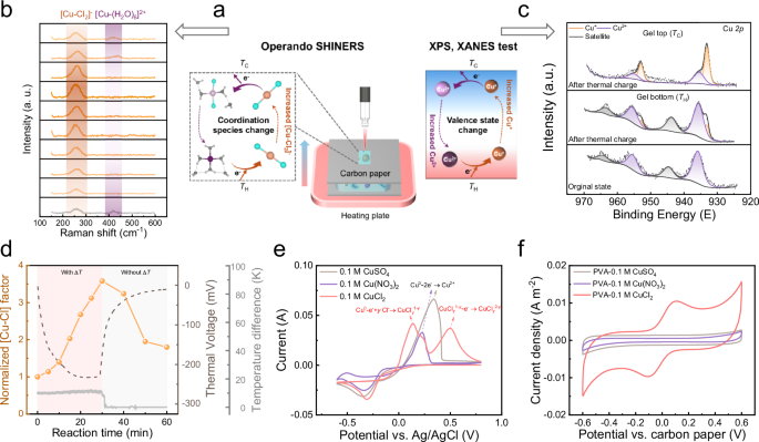 Fig. 3: Revealing the thermogalvanic redox process by operando SHINERS.
