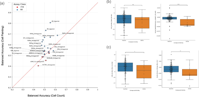Fig. 7: Full Cell Painting profiles outperform cell count–only baselines across multiple biological assays and representative feature comparisons.