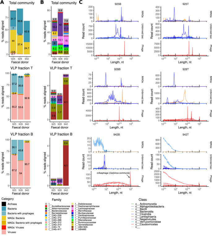 Fig. 2: Taxonomic composition of DNA in the faecal VLP fractions and complete genome Nanopore read sizes associated with different taxonomic groups.