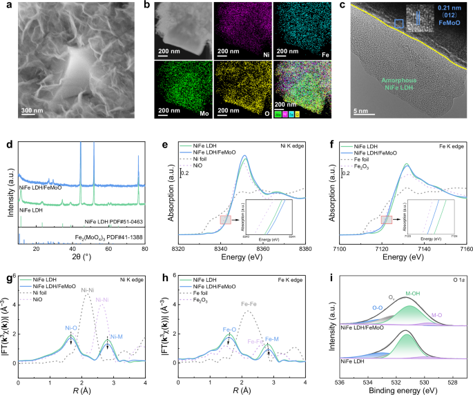 Fig. 1: Structure and morphology characterization of the NiFe LDH/FeMoO heterostructure.