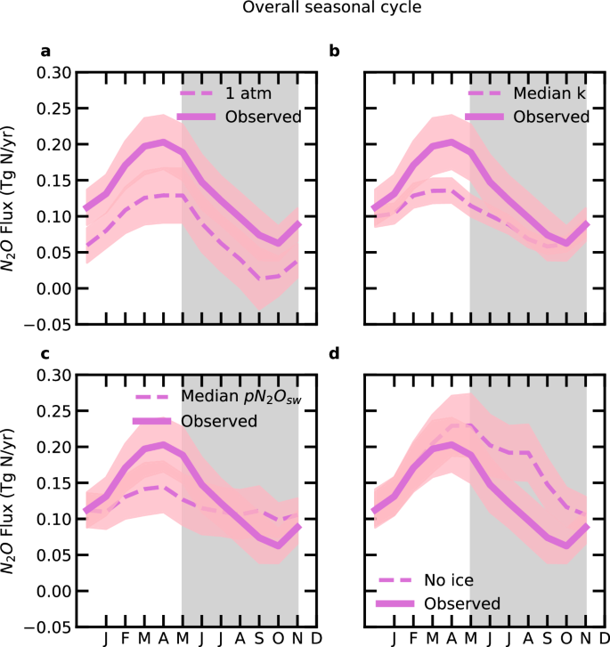 Fig. 4: Annual cycle of nitrous oxide (N2O) flux in the Southern Ocean.