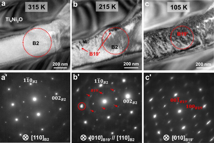 Fig. 5: In-situ TEM observation of B19′ martensite nucleation and growth near the B2/Ti₄Ni₂O interface during cooling.