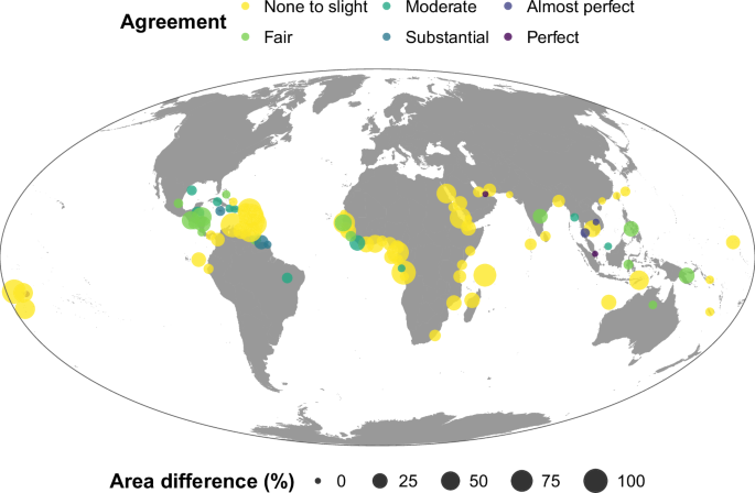 Fig. 4: Differences between global-scale landward and seaward prioritisations by country.