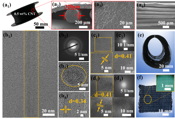 Fig. 2: Structural characterization of C22/CNT3 fiber.