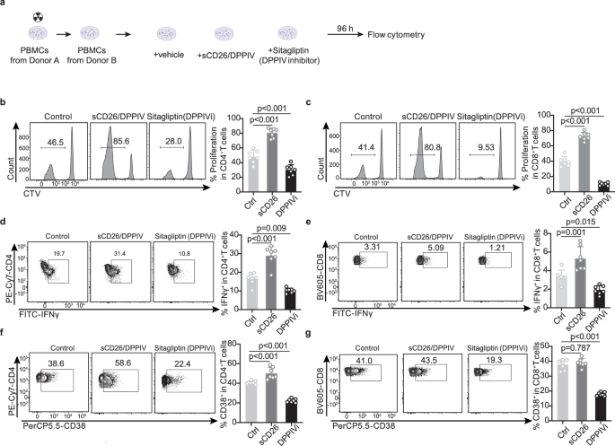 Fig. 6: Effects of sCD26/DPPIV protein and Sitagliptin on allogeneic T cell responses in an MLR assay.