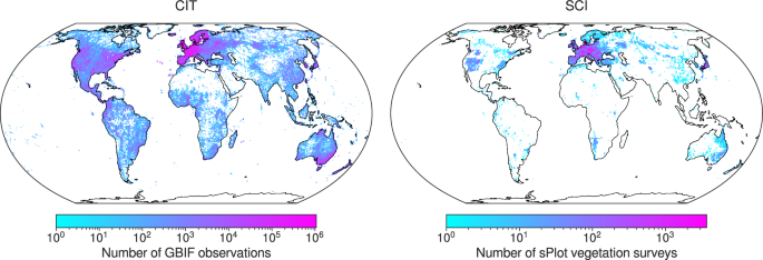Fig. 1: Density maps of citizen science observations (CIT) and vegetation surveys (SCI) after filtering.