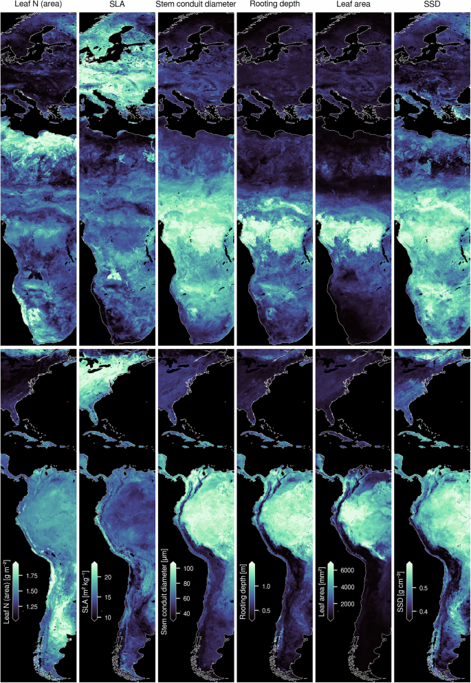 Fig. 3: Trait maps based on combined citizen science and vegetation survey data (COMB) at 1 km2 resolution.