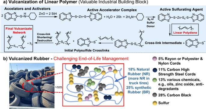Fig. 2: Vulcanization of linear polydienes and material composition of a tire.