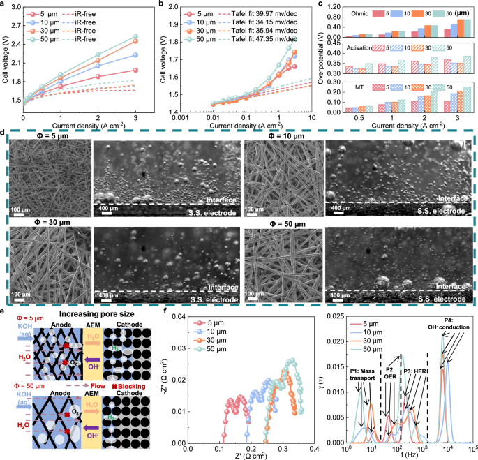 Fig. 2: Pore size effects on performance and bubble dynamics.