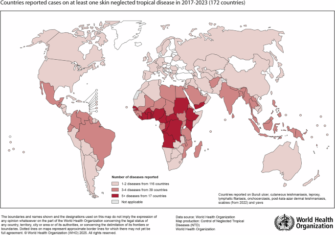 Fig. 2: Map Highlighting Countries Reporting at Least One Skin NTD 2017-2022.