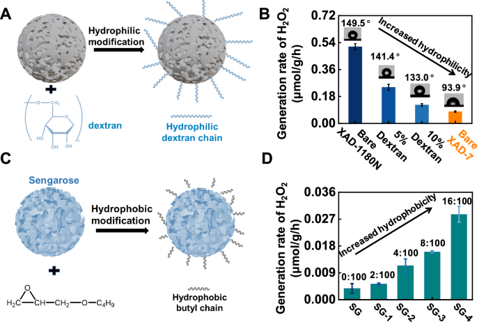 Fig. 3: Investigation of the role of the hydrophobic nature of the pore wall of MPRs in H2O2 generation.
