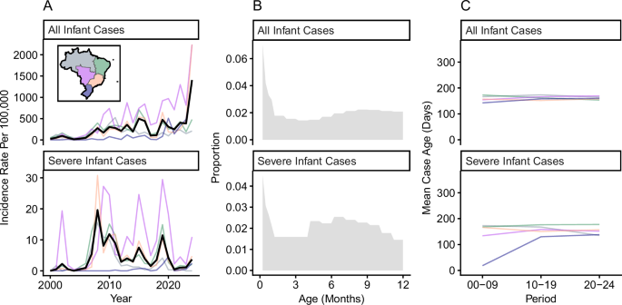 Fig. 2: Spatiotemporal patterns of infant dengue cases and severe dengue cases in Brazil.