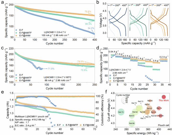 Fig. 7: Analysis of LMA and cycling performance in different electrolytes.