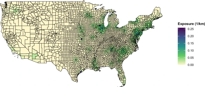 County-level 10-year average proximity to nuclear power plants (1/km) in the United States, year 2000