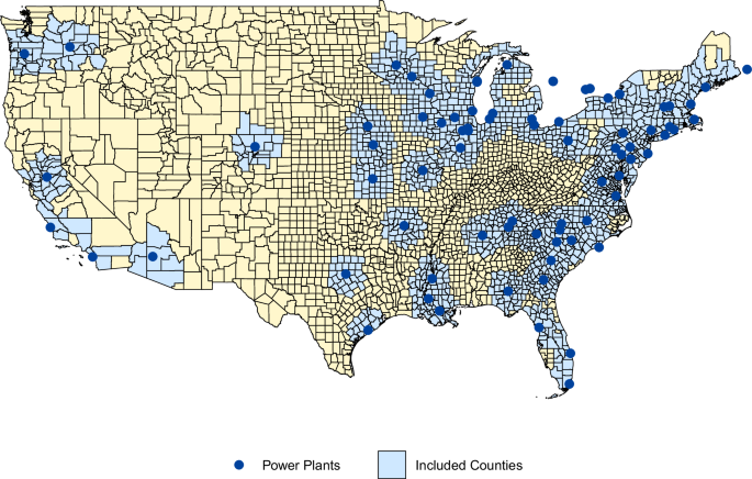 Fig. 5: Geographic distribution of nuclear power plants in the United States and counties within 200 km of a plant operational for at least one year between 2000 and 2018.