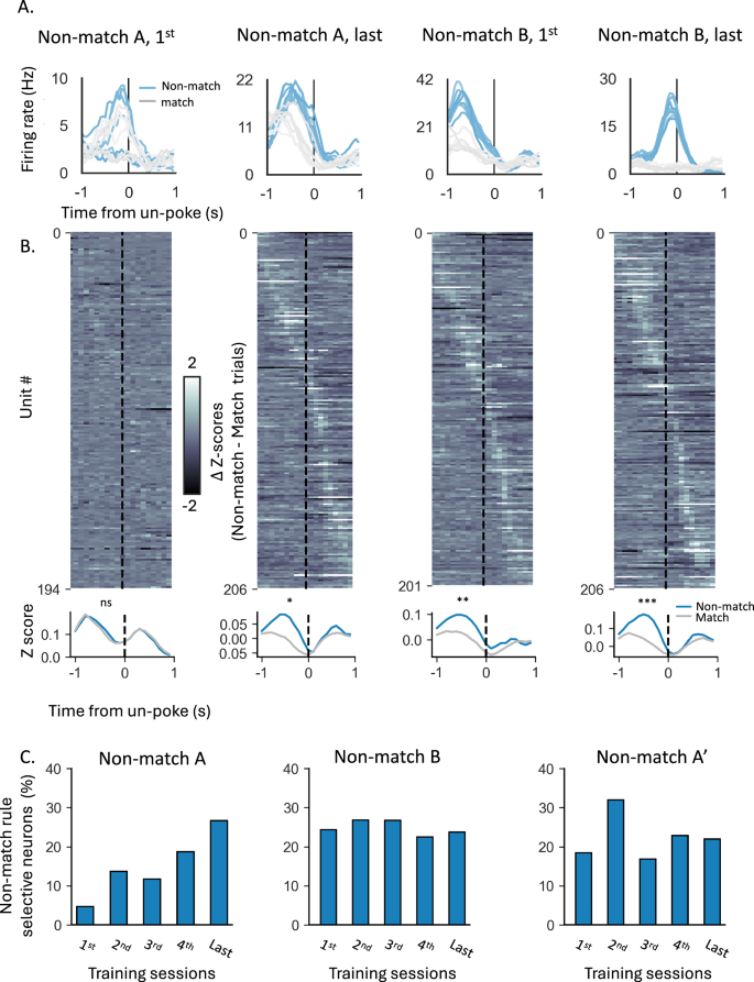 Fig. 3: Increased single unit selectivity to the learned non-match rule.