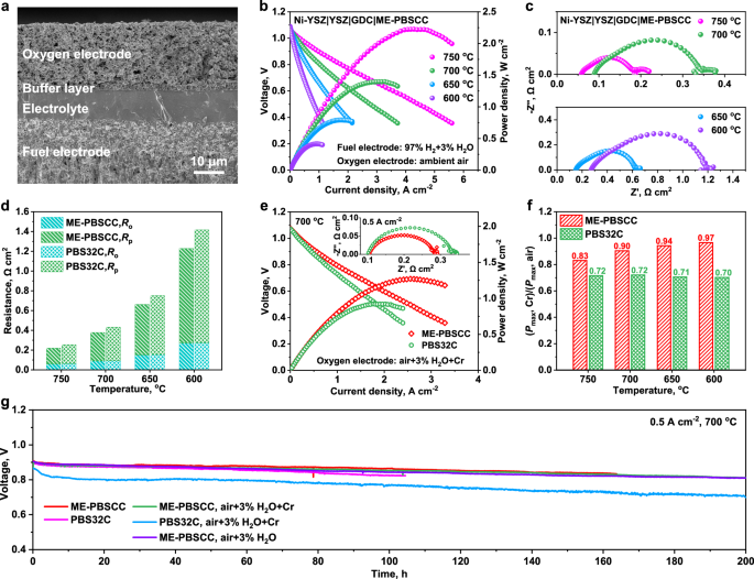 Fig. 3: Performance of Re-SOCs with the ME-PBSCC oxygen electrode in FC mode in the absence/presence of Cr contamination.