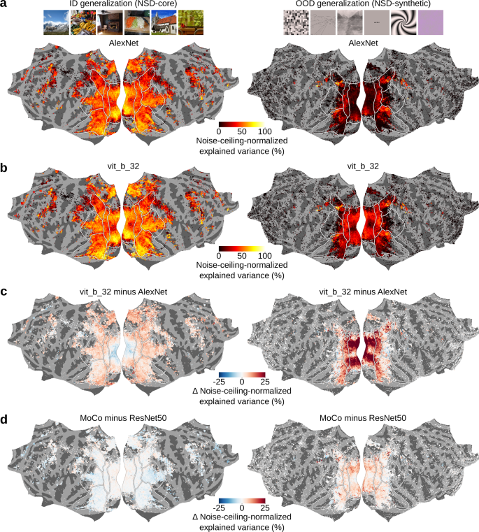 Fig. 5: Out-of-distribution generalization tests reveal differences between brain encoding models not detected by in-distribution tests.