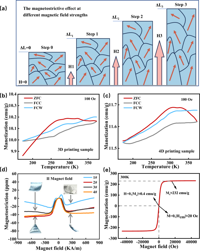 Fig. 3: The magnetostrictive and basic magnetic properties of shape-morphing samples.