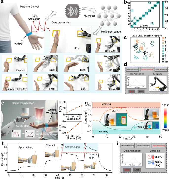 Fig. 5: Demonstration of closed-loop human-machine interfacing through gesture-based robotic control and haptic feedback reproduction.