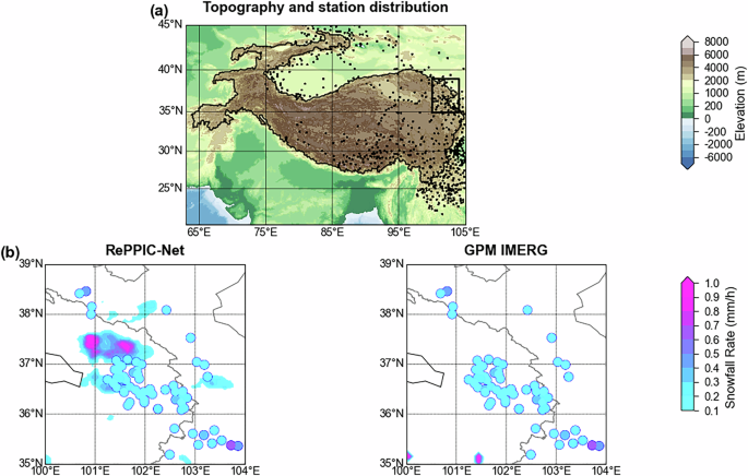 Fig. 5: Topographic context and a typical snowfall event over the Tibetan Plateau.