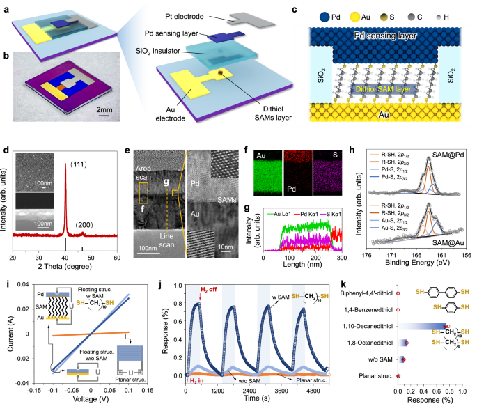 Fig. 2: Fabrication and performance evaluation of floating-structured Pd-film-based H2 sensors.