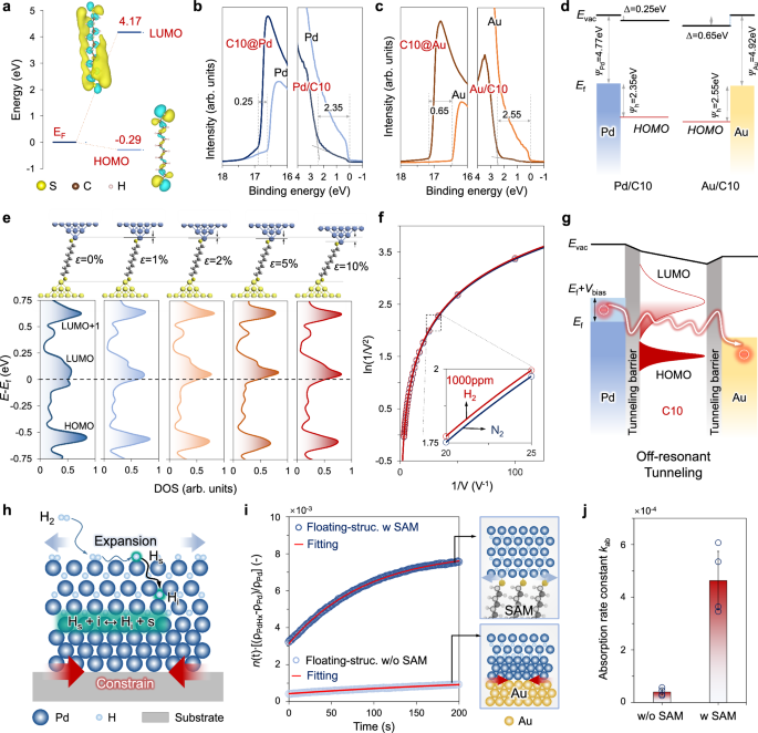 Fig. 3: Electron transport and H2 sensing mechanisms in floating-structured Pd-film-based sensor devices.