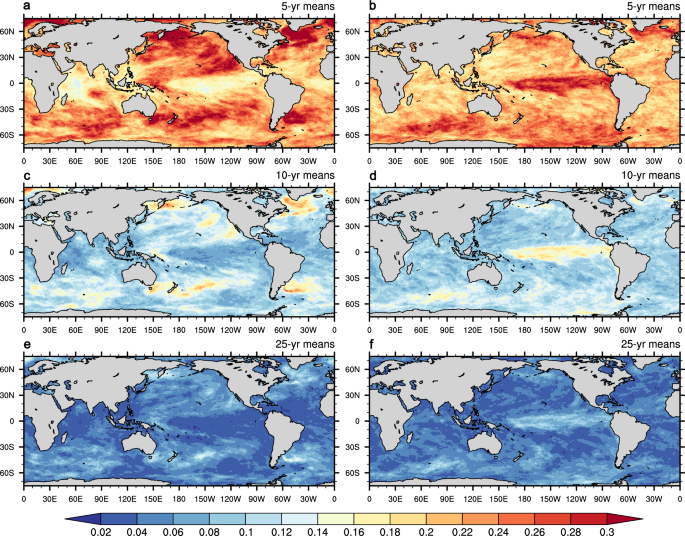 Fig. 4: Potential predictability variance fraction for marine heatwave frequency.