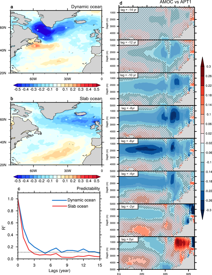 Fig. 5: North Atlantic marine heatwave frequency predictability in dynamic and slab oceans.