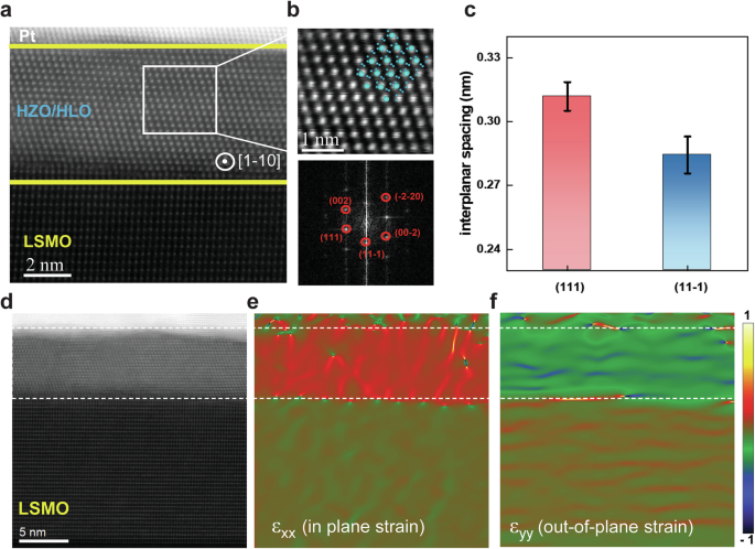 Fig. 2: HAADF-STEM characterization and strain analysis of the HZO/HLO film.