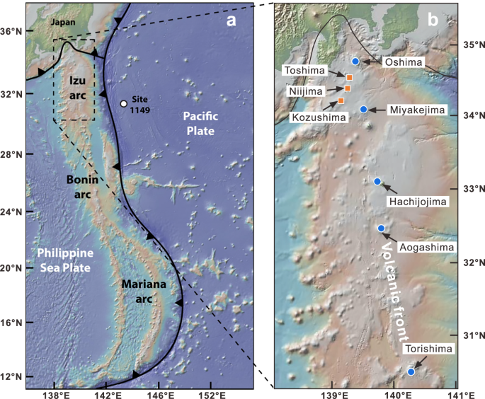 Fig. 1: Geological setting and sampling map of the Izu arc, and location of IODP Site 1149 (modified from ref. 35).