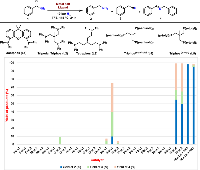 Fig. 3: Hydrogenation of benzamide 1 using in situ-generated metal–phosphine complexes.