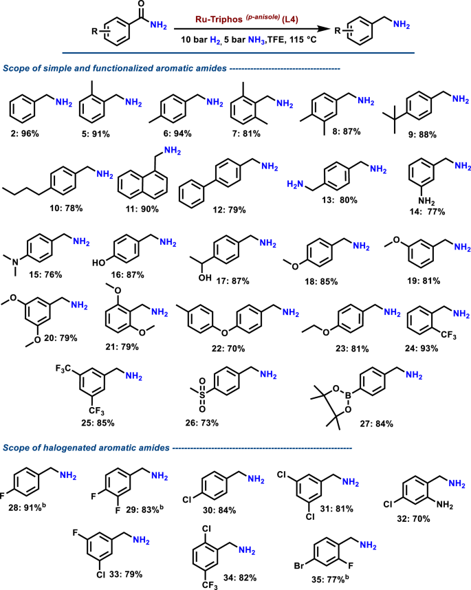 Fig. 4: Ru-catalyzed hydrogenation of aromatic amides to benzylic amines[a].