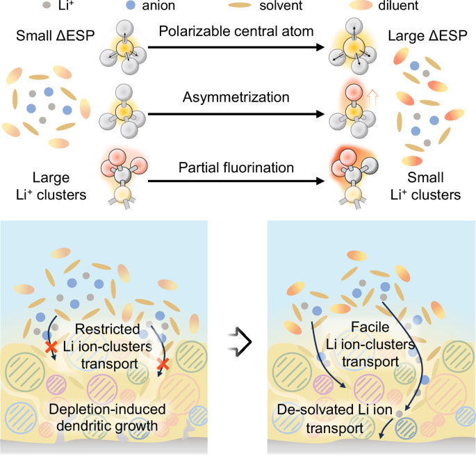 Fig. 6: Diluent design for Li ion-cluster control and proposed transport mechanism in the swollen SEI layer.