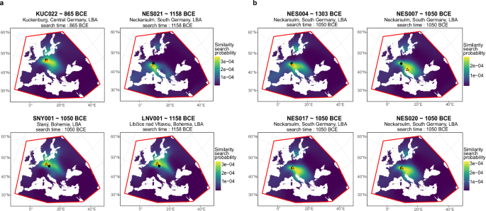 Fig. 5: Spatiotemporal ancestry similarity modelling of genetic and strontium outliers using the software mobest.