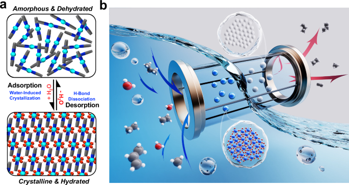Fig. 1: Schematic illustration of crystallization-assisted water sorption for industrial gas dehydration.