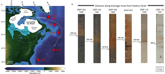 Fig. 2: Marine sedimentary evidence for Laurentide Ice Sheet (LIS) persistence into the Last Interglacial (LIG).