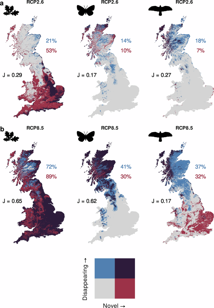 Fig. 3: The co-location of disappearing and novel bioclimates for plants, butterflies, and birds across Great Britain for 2070.