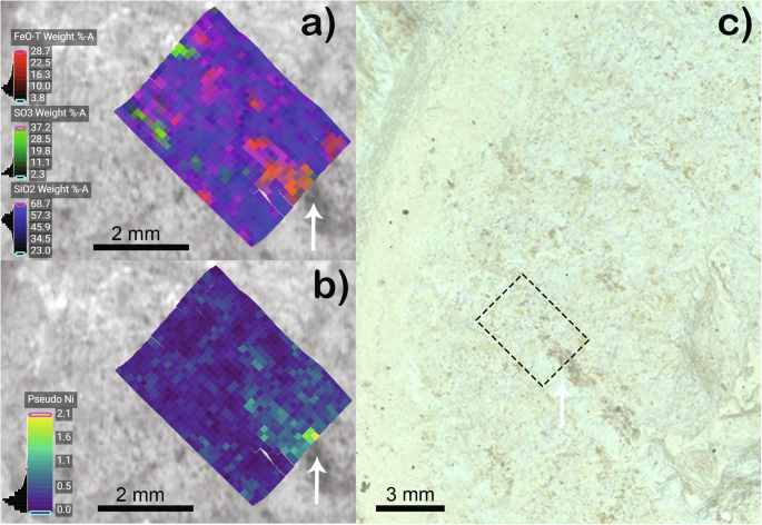 Fig. 4: In Bright Angel mudstones, Ni is found in mm-scale, dark-toned, Fe-sulfide rich domains.