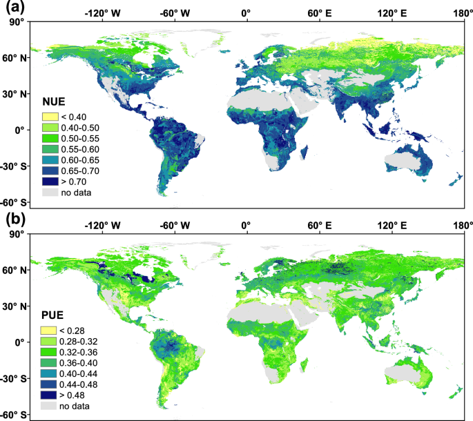 Fig. 5: Global upscaled patterns of microbial nutrient efficiency in soil predicted by Random Forest models.