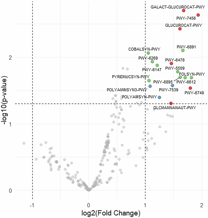Fig. 6: Differential abundance of predicted microbial metabolic pathways (volcano plot).
