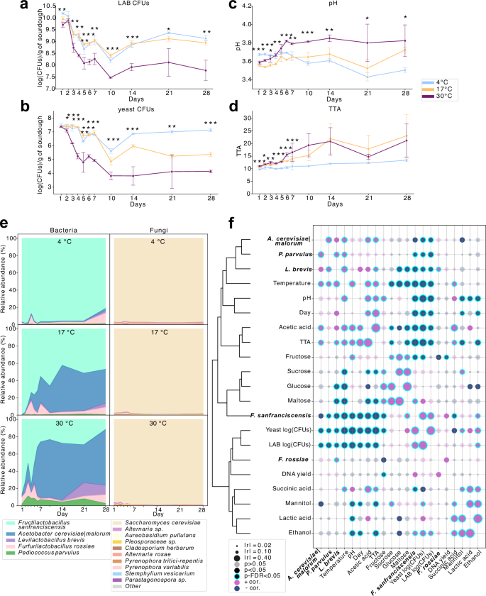 Fig. 2: Simulated large-scale sourdough sampling reveals significant temperature- and time-dependent shifts in microbial and biochemical profiles.