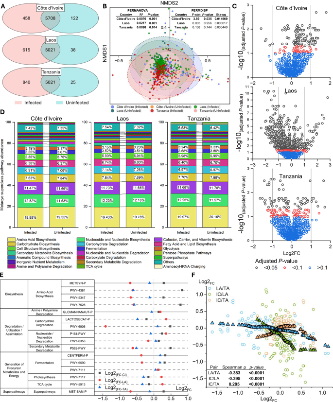 Fig. 5: Community-level functional changes associated with infection status, stratified by country.
