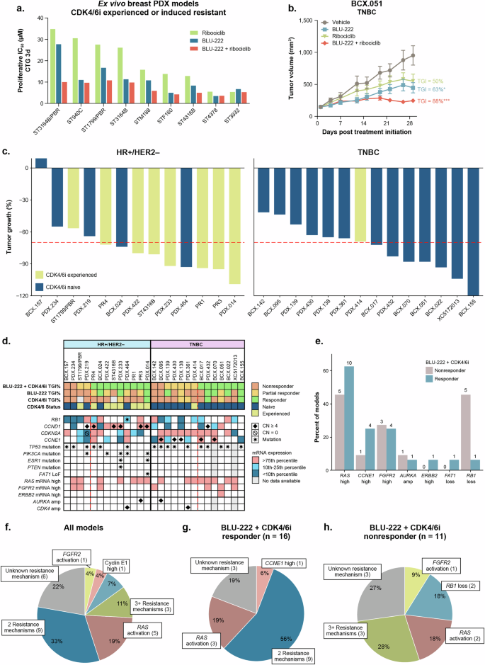 Fig. 4: BLU-222 in combination with ribociclib enhances antitumor activity in CDK4/6i-experienced and -naïve models of breast cancer.