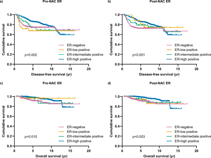 Fig. 3: Survival analysis based on ER expression levels before and after NAC.