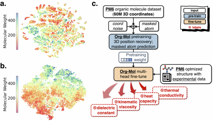 Fig. 1: Org-Mol model’s pretraining dataset’s molecular weight distribution via t-SNE analysis and the pre-training/fine-tuning process.
