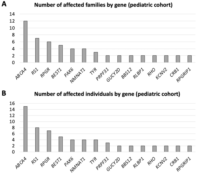 Fig. 3: Bar graphs show the 15 most frequently involved genes in the cohort younger than 18.