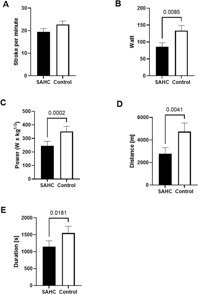 Fig. 5: Comparison of rowing performance during short arm centrifugation (SAHC) and in Earth terrestrial control (Control).