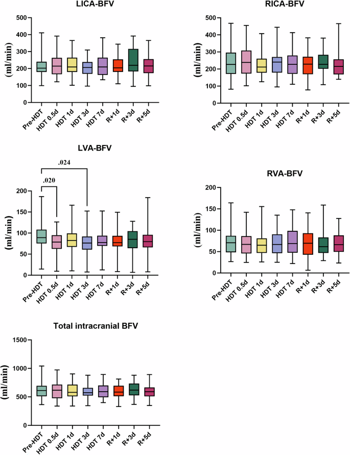 Fig. 1: BFVs of different vessels and total intracranial BFV at different time points.