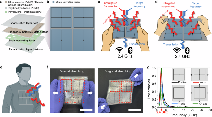 Fig. 1: Principle of wearable Electromagnetic interference (EMI) shielding metasurfaces with frequency selective transmission.